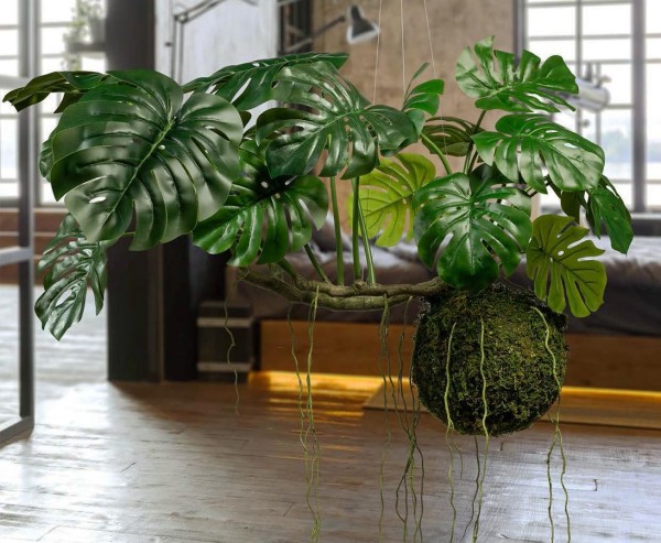 Hängende Kunstpflanze "AVATAR 3" mit Wurzeln Mooskugel und Splitphilodendron 120cm