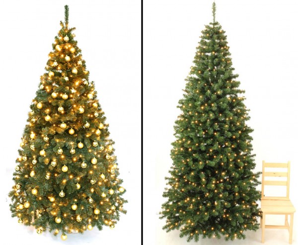Geschmückter künstlicher Weihnachtsbaum 270cm mit goldenen Kugeln und LEDs, schwer entflammbar