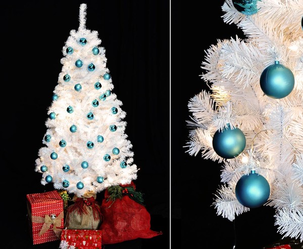 Weißer Weihnachtsbaum 180cm fertig geschmückt mit türkisen Kugeln und 192 LEDs