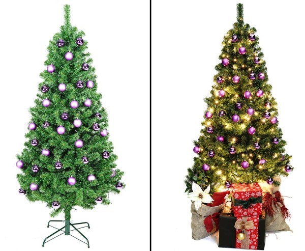 Weihnachtsbaum Narwik 180cm geschmückt mit lila farbigen Kugeln und LED Beleuchtung