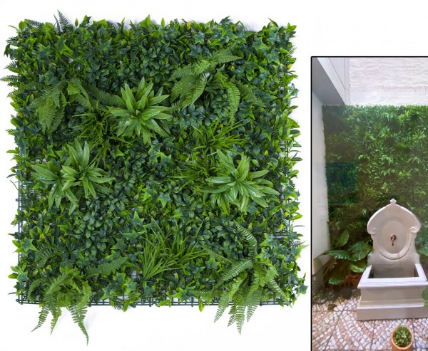 Künstliche grüne Wandverkleidung 100x100cm mit verschiedenen PE Blättern "Grüner Mix" UV-beständig
