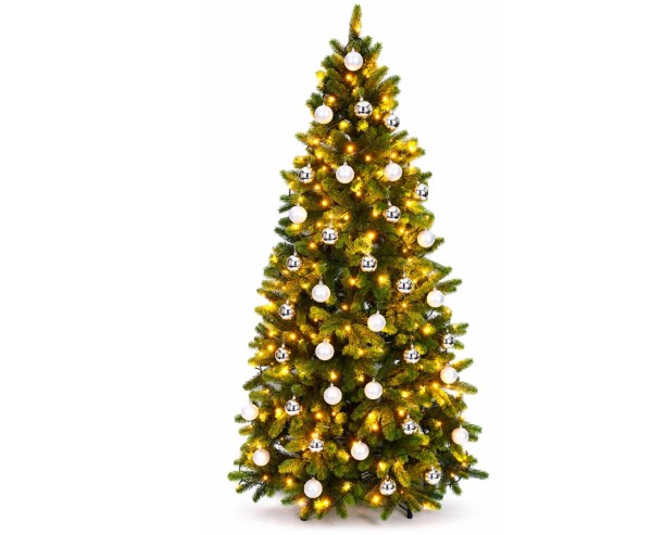 PE Weihnachtsbaum mit Beleuchtung und silberne Kugeln 210cm Spritzguss Nadeln B1