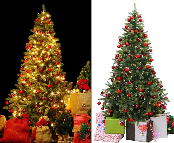PE Weihnachtsbaum mit Beleuchtung und roten Kugeln 210cm, 1156 Tips mit Nadeln in B1