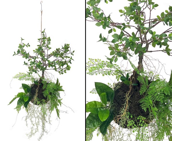Hängende Kunstpflanze "AVATAR 5" mit Wurzel-Moos Ball und Kunstbaum 100cm