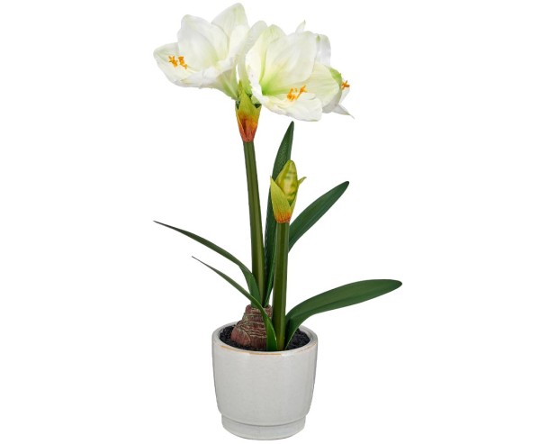 Künstliche Amaryllis weiß H 56 cm mit Blüten & Knospe im Keramiktopf