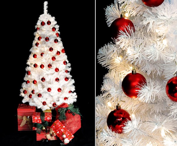 Weißer Weihnachtsbaum fertig geschmückt mit roten Kugeln 180cm und 192 LEDs
