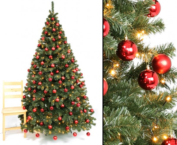 Künstlicher Weihnachtsbaum 240cm geschmückt mit roten Kugeln und LEDs, schwer entflammbar