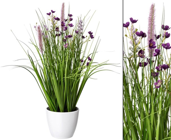 Kunstblumen Gras Mix mit lila Blüten 46cm im weißen Topf