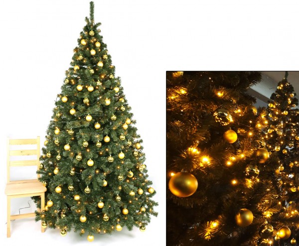 Künstlicher Weihnachtsbaum 240cm geschmückt mit goldenen Kugeln und LEDs, schwer entflammbar