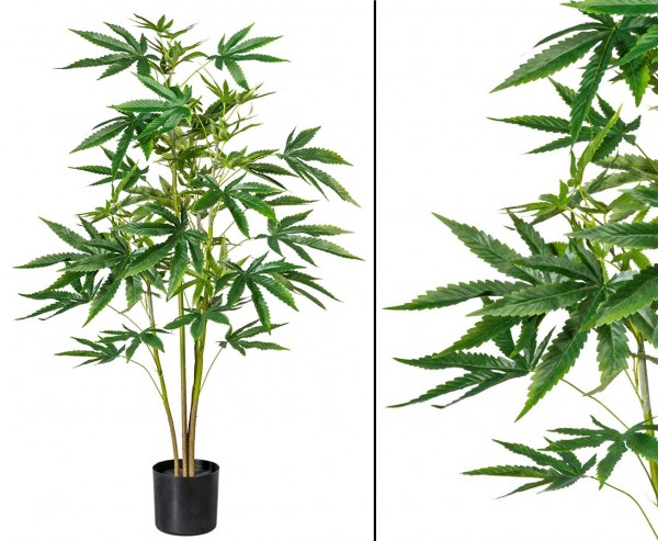Cannabis Hanf Kunstbaum 100cm mit 4 Zweigen und Blättern im Topf