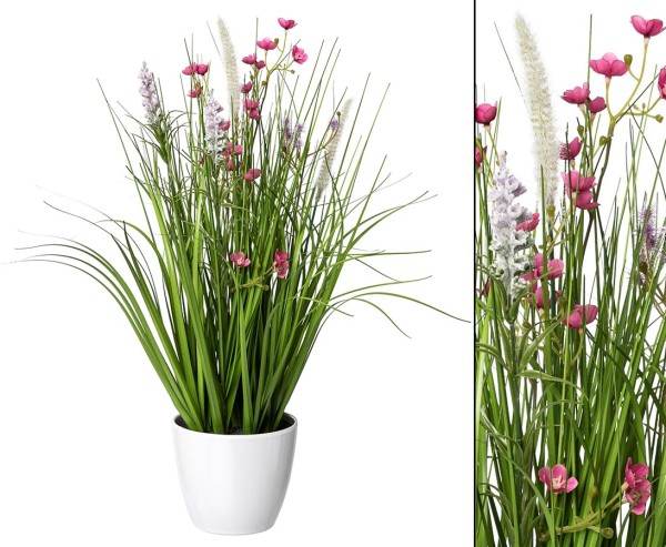 Kunstblumen Gras Mix mit rosa Blüten 46cm im weißen Topf