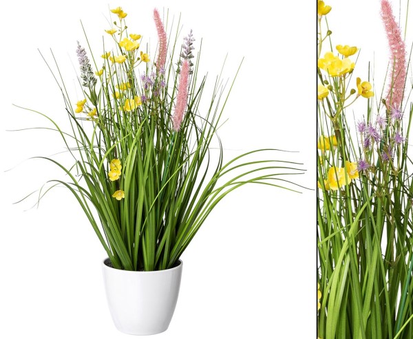 Kunstblumen Gras Mix mit bunten Blüten 46cm im weißen Topf