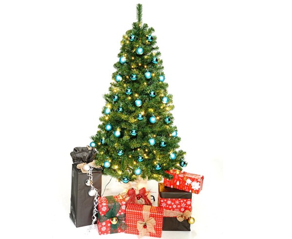 Weihnachtsbaum 180cm fertig geschmückt mit türkis farbigen Kugeln und LED Beleuchtung