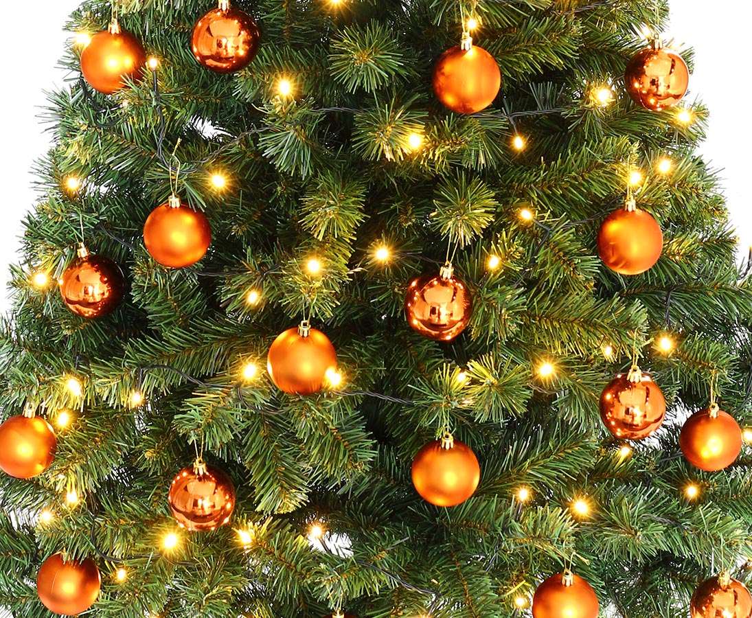 Künstliche Tanne 150cm mit orange-farbigen Christbaumkugeln kaufen