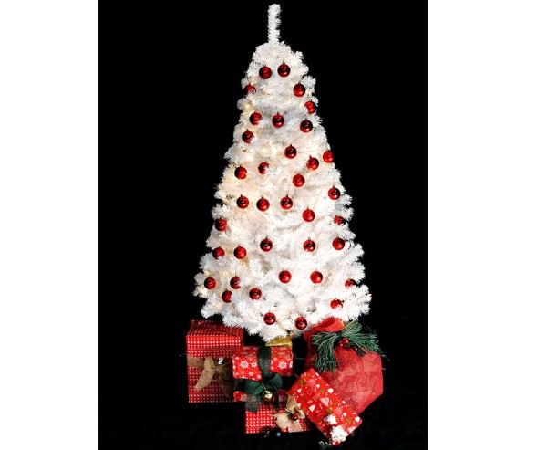 Weißer Weihnachtsbaum 210cm fertig geschmückt mit roten Kugeln und 288 LEDs