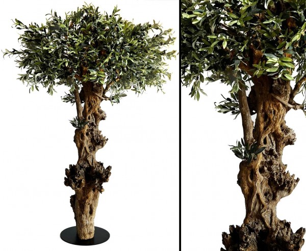 Oliven Kunstbaum "Korfu" mit dickem Echtholzstamm 240cm mit Früchten und Bodenplatte